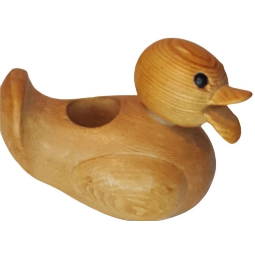 Vintage 80s Wood Duck Toothpick Holder Hand Carved Brown 2x3" Rustic Decor